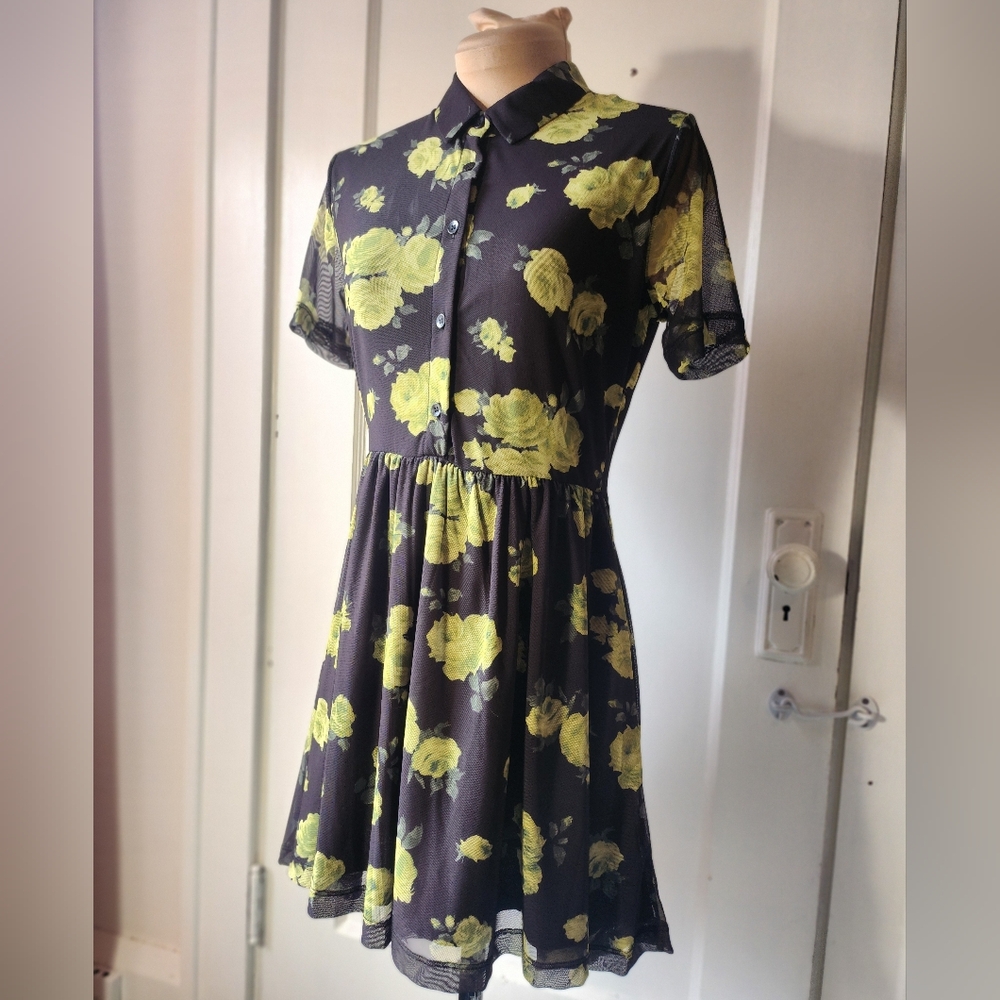 Urban Outfitters Dottie Black Mesh Mini Babydoll Dress with Lime Floral Print S